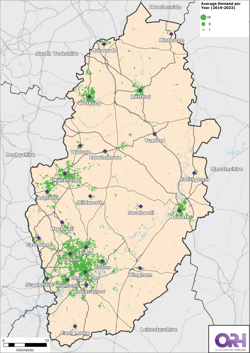 Map of Nottinghamshire showing the average demand of all the special service calls that are not Road Traffic Collisions between 2019 - 2023