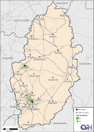 Map of Nottinghamshire showing the location of incidents where the aerial ladder platform has been used.