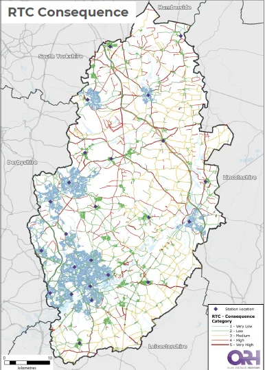 Map of Nottinghamshire showing the consequences of road traffic collisions