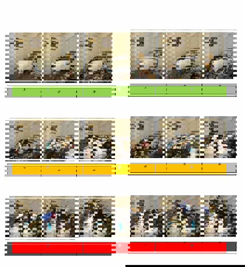 A series of 9 images showing a room getting progressively more cluttered