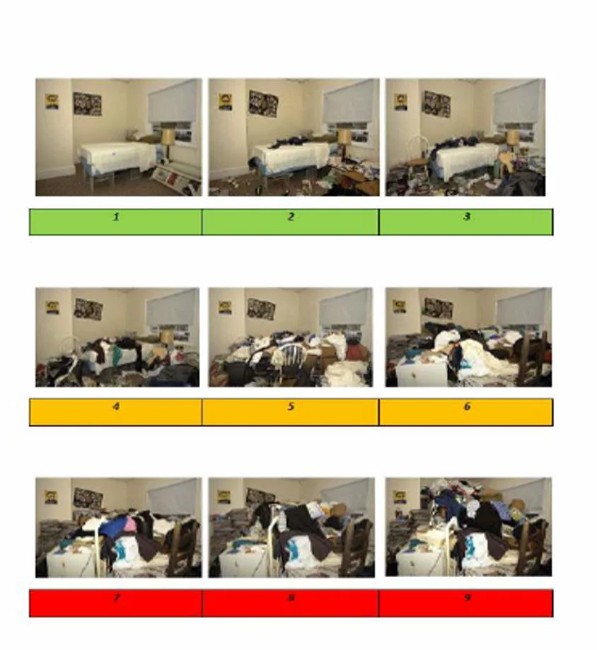 A series of 9 images showing a room getting progressively more cluttered