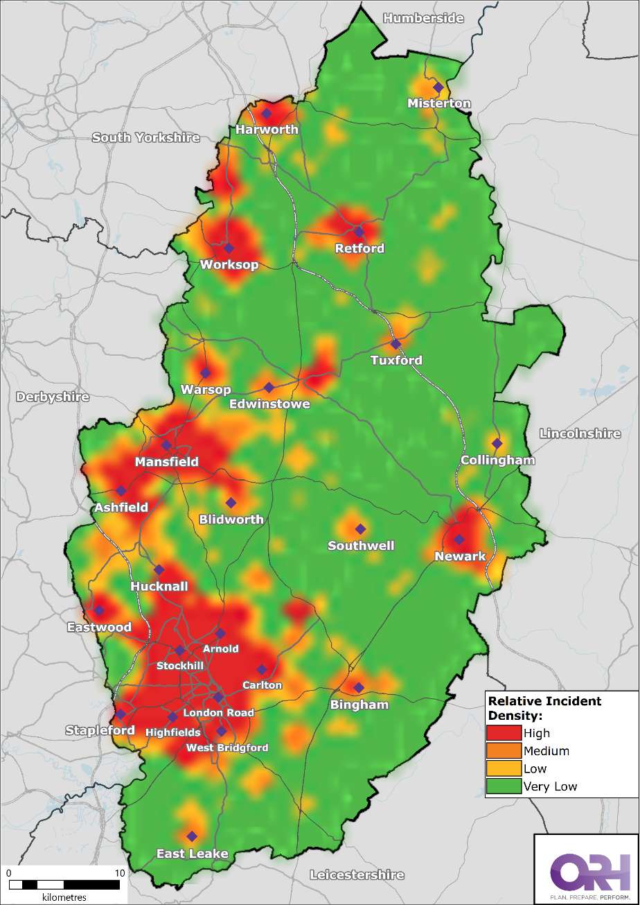 Heat map of Nottinghamshire showing the location of all incidents from 2019-2023