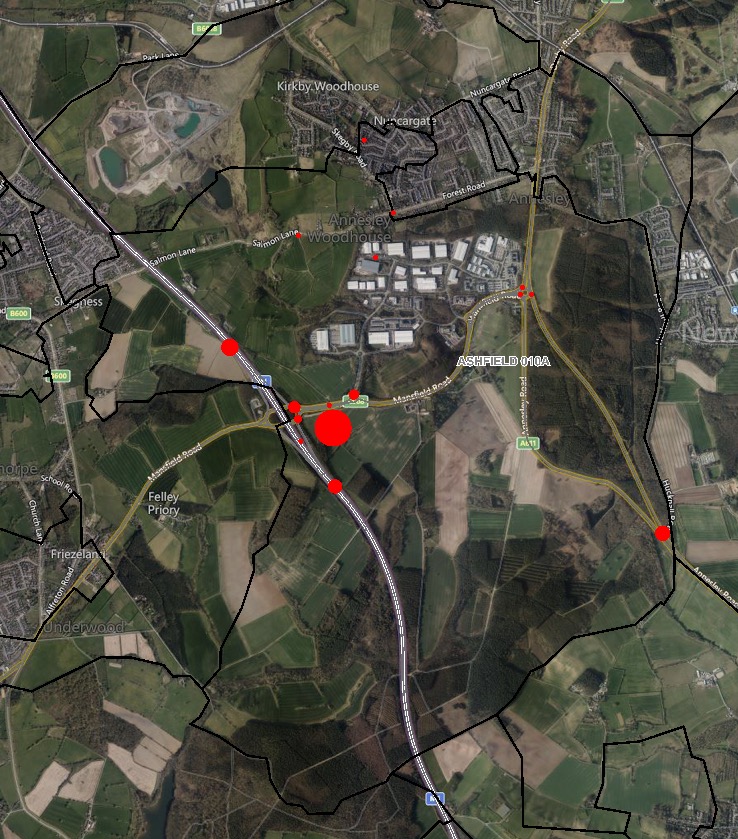 Heat map of Ashfield showing hotspots for vehicles fires.