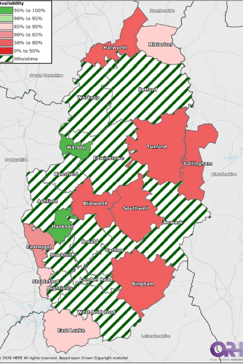 Map of Nottinghamshire showing On-call appliance availability during the day (8am - 8pm)