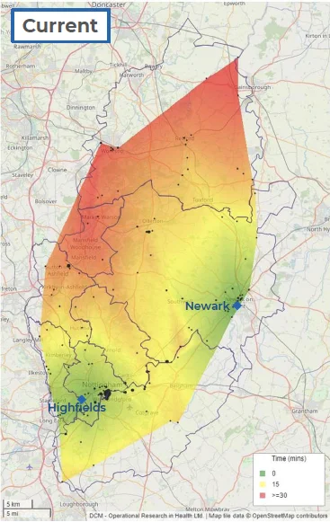 Heat map of Nottinghamshire showing the current location of two water rescue units (Highfields and Newark)