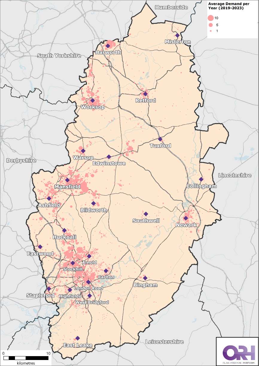 Map of Nottinghamshire showing the location of all secondary fires between 2019 - 2023