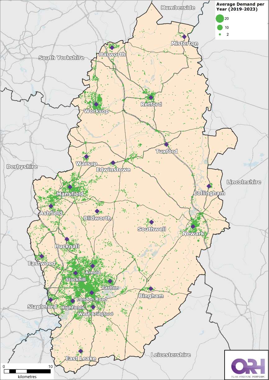 Map of Nottinghamshire showing the location of all special service calls between 2019 - 2023
