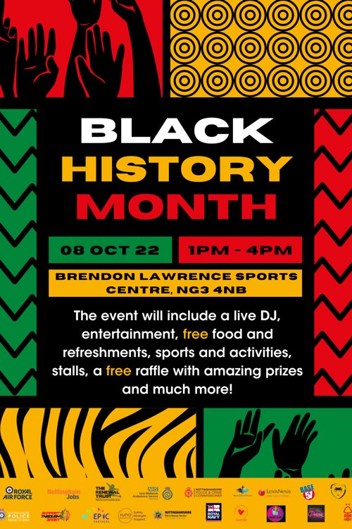 Event poster for Black History Month event at the Brendon Lawrence Centre, Nottingham. October 8th 2022 at 1pm.