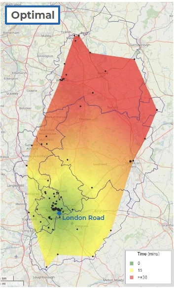 Heat Map of Nottinghamshire showing the time to response for the Command Support Unit at its optimal location of London Road