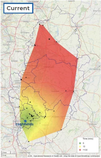 Heat map of Nottinghamshire showing the current location for rescue from height unit being Highfields