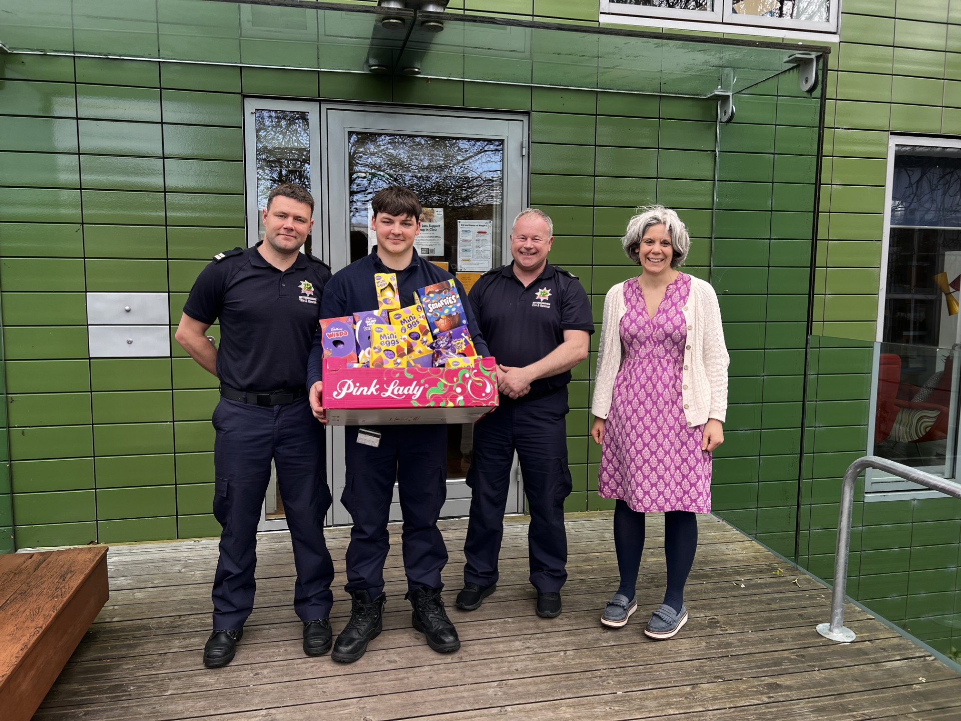 NFRS crew donating Easter Eggs to Maggie's Treatment Centre