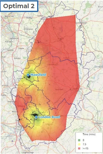 Map of Nottinghamshire showing the response times to historical incidents if there was two Aerial Ladder Platforms.