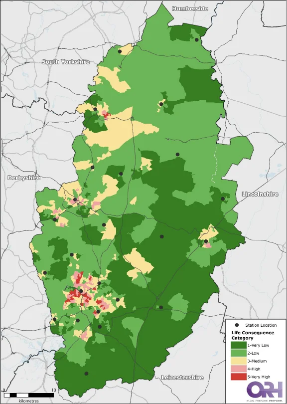 Map of Nottinghamshire showing the combined risk of fires in Lower Super Output Areas (LSOAs)