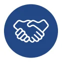 a navy blue circle with two white outlined hands shaking hands