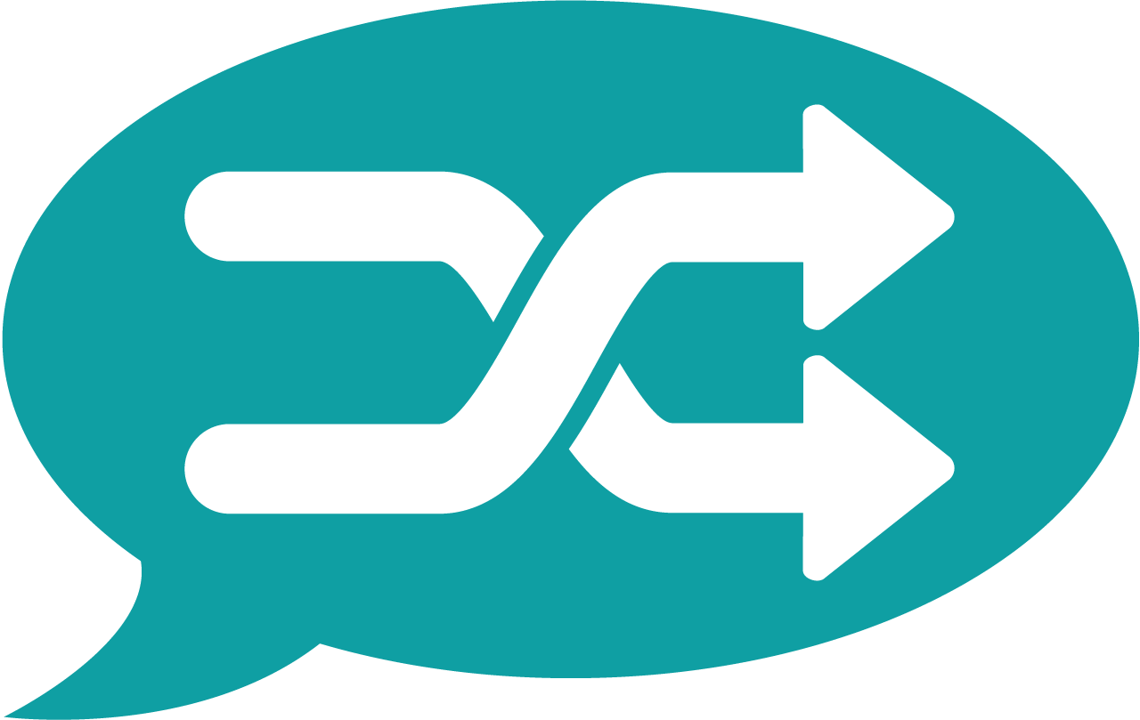 Turquoise speech bubble with two crossing arrows