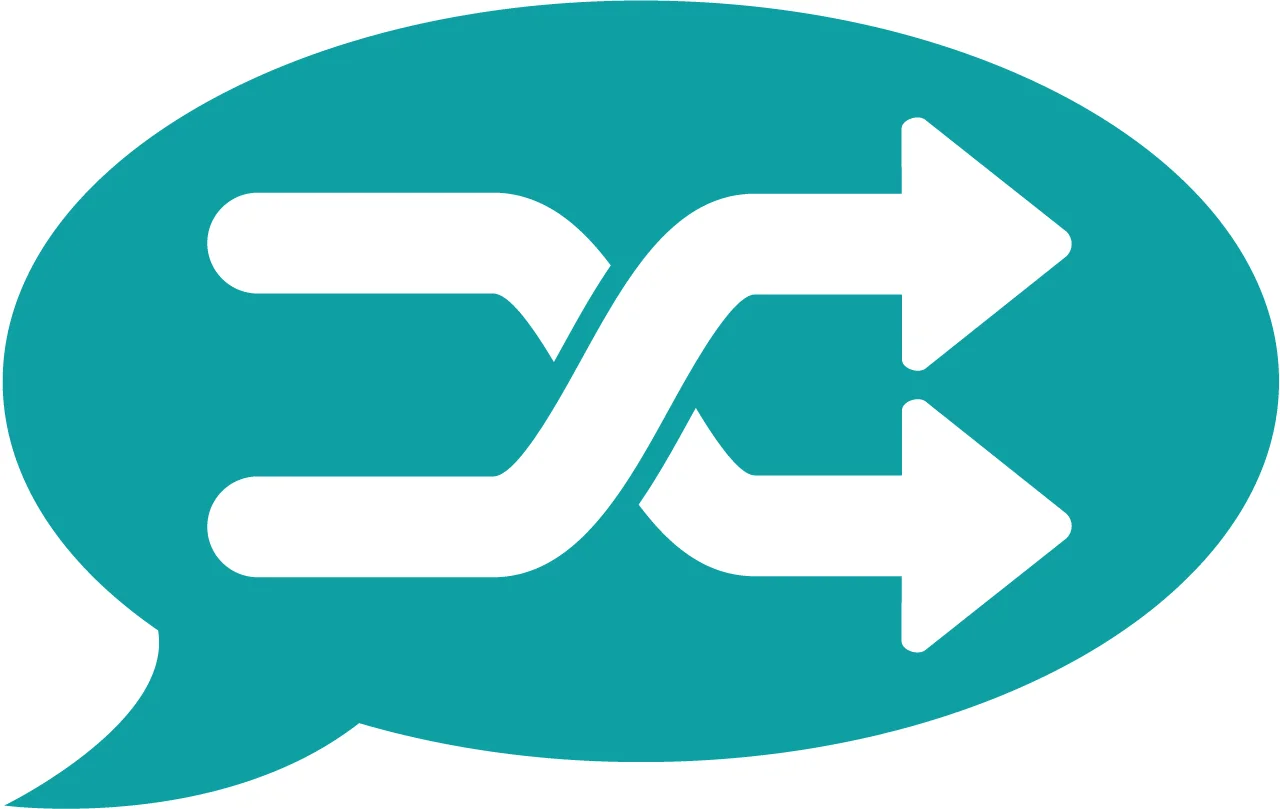 Turquoise speech bubble with two crossing arrows