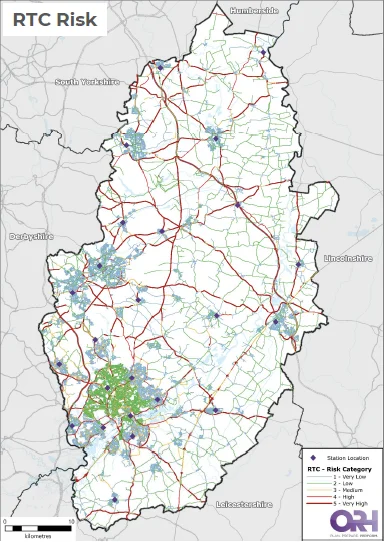Map of Nottinghamshire showing road traffic collision risk