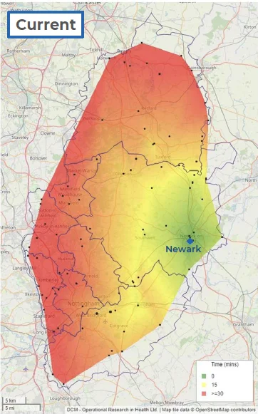 Heat map of Nottinghamshire showing the response time for large animal rescues from the current location of Newark