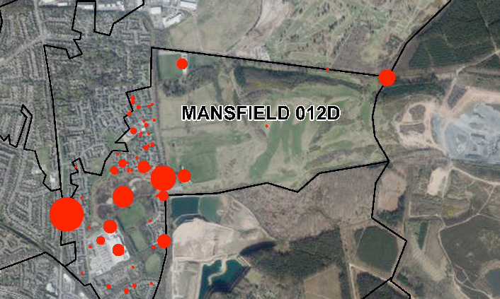 Map of Mansfield with hot spots of incident data