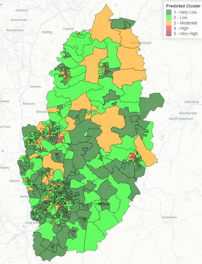 Predicted risk cluster map of Nottinghamshire showing other residential fires