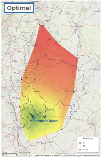Heat map of Nottinghamshire showing the optimal location for rescue from height unit being London Road