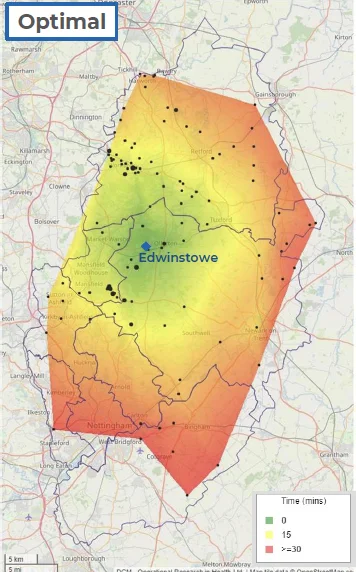 Map of Nottinghamshire showing the historical response time of the water and Foam Unit from its optimal location in Edwinstowe