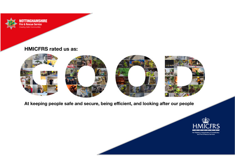 Graphic reads: "HMICFRS rated us as 'Good' at keeping people safe and secure, being efficient, and looking after our people."
