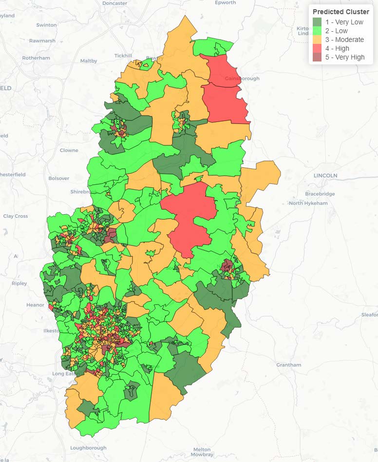 Heat map  of Nottinghamshire showing predicted risk clusters for dwelling fires.