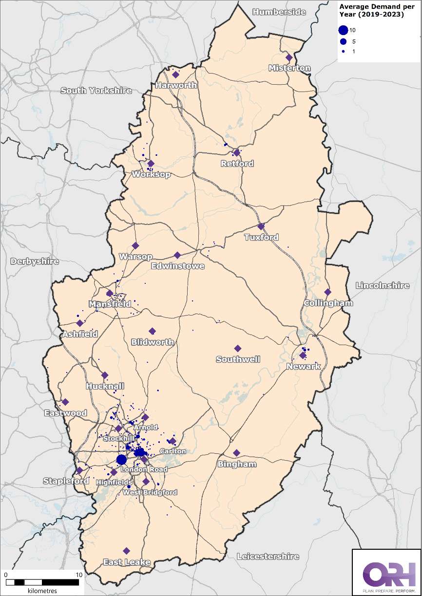 Map of Nottinghamshire showing the average demand of malicious false alarms between 2019 - 2023