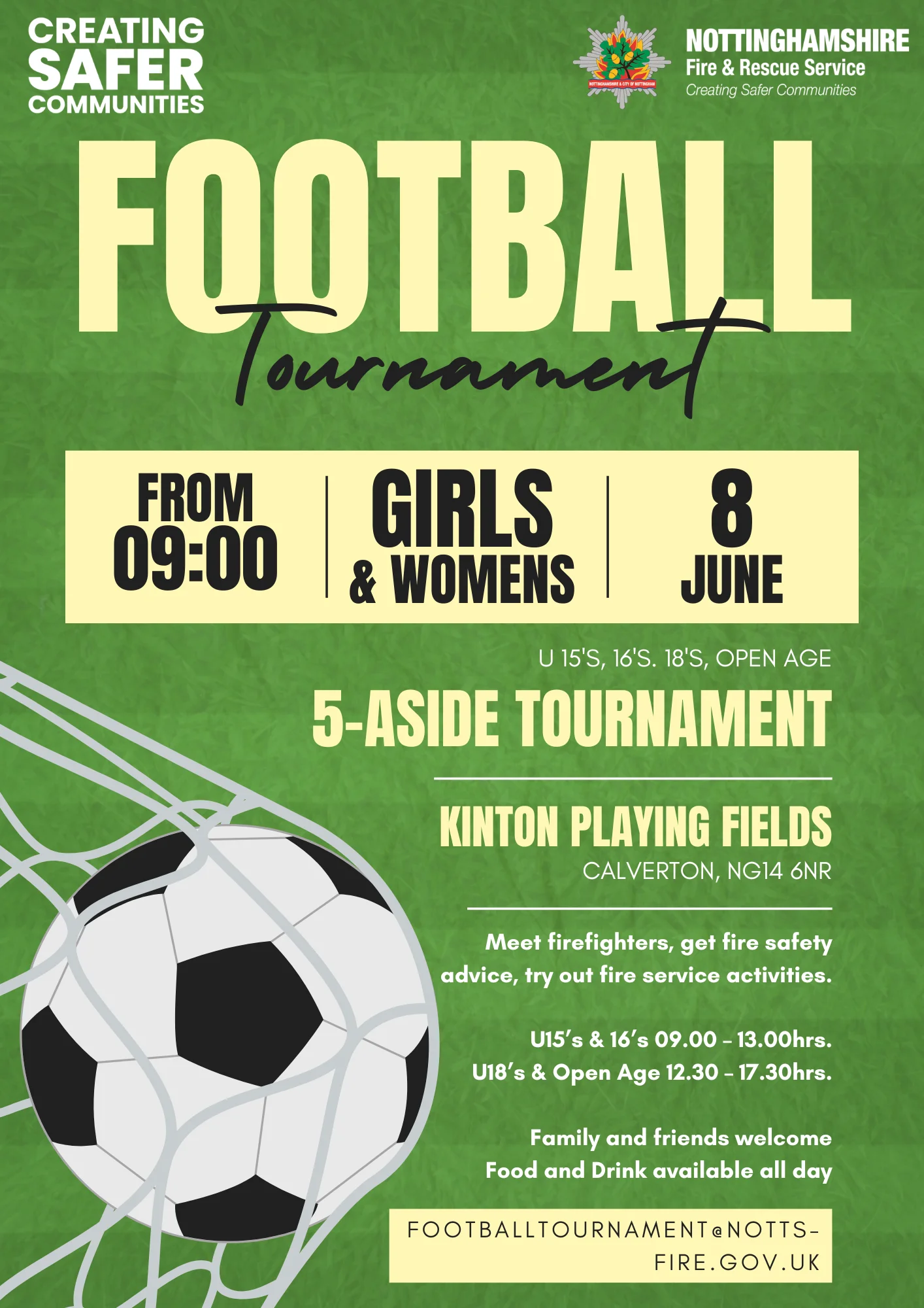 flyer with information about a football tournament. heading reads 'football tournament from 0900, girls and women's, 8 june'