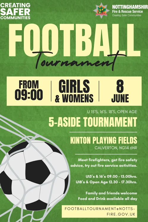 flyer with information about a football tournament. heading reads 'football tournament from 0900, girls and womens, 8 june'