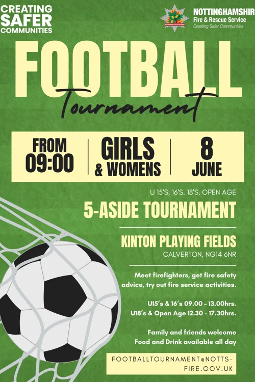 flyer with information about a football tournament. heading reads 'football tournament from 0900, girls and women's, 8 june'