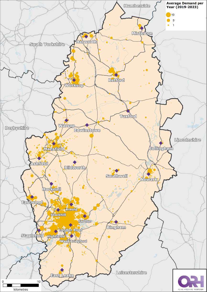 Map of Nottinghamshire showing the average demand of Automatic Fire Alarm incidents (excluding Hospitals and Prisons) between 2019-2023