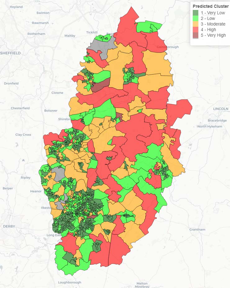 Predicted risk cluster map of Nottinghamshire showing vehicle fires.