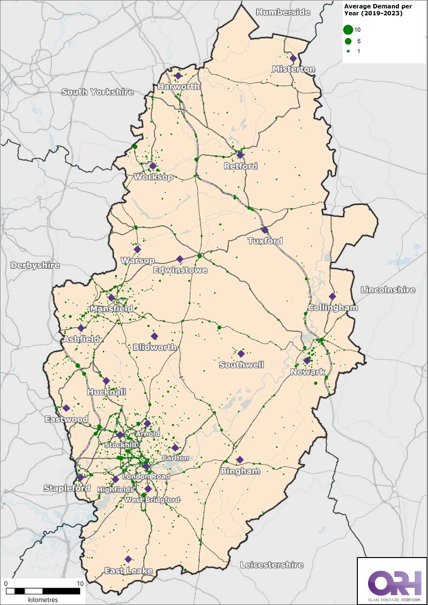 Map of Nottinghamshire showing the average demand of all the special service calls that are Road Traffic Collisions between 2019 - 2023