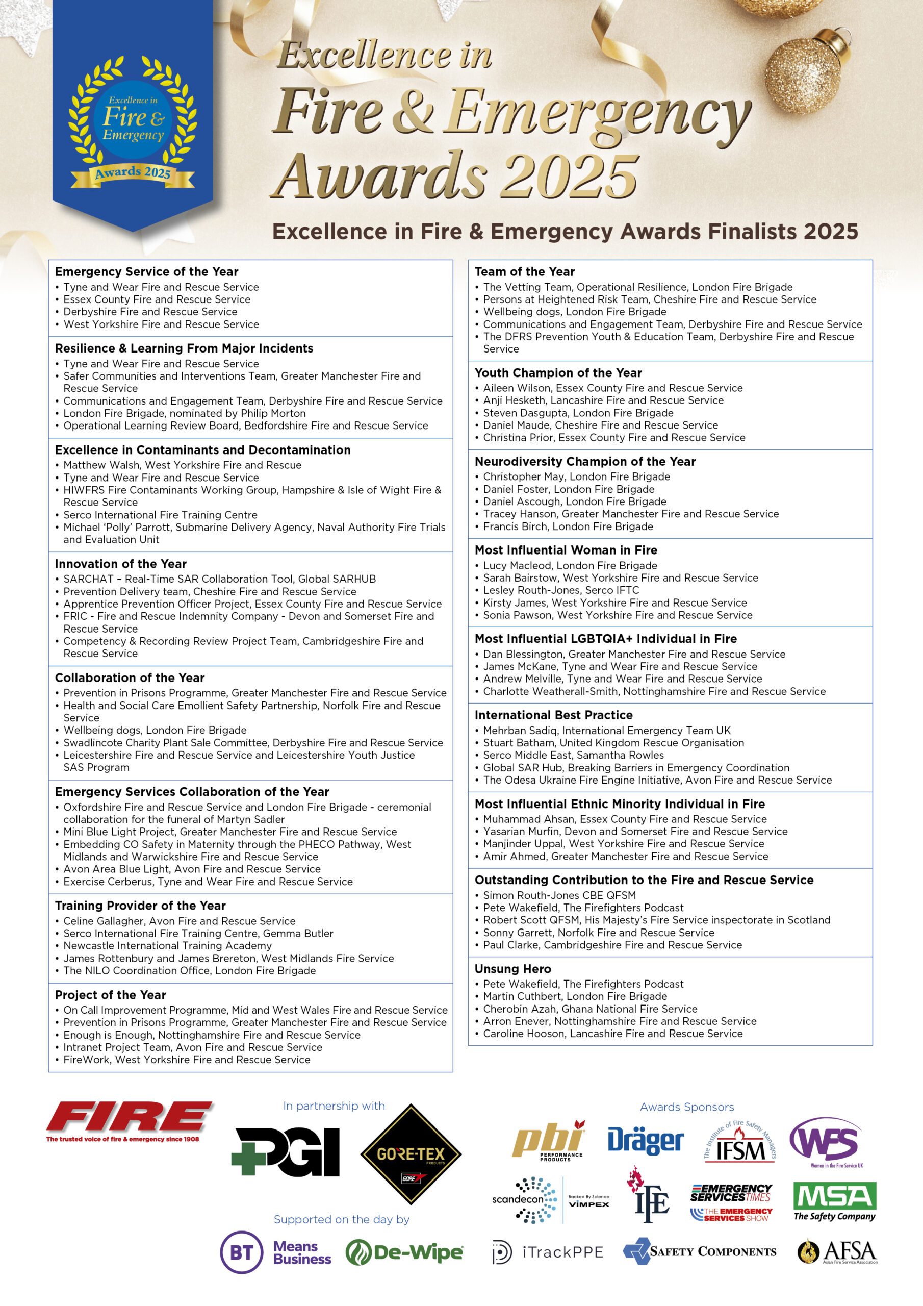List of fire services and categories for this years EFE awards