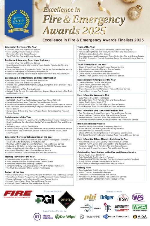 List of fire services and categories for this years EFE awards
