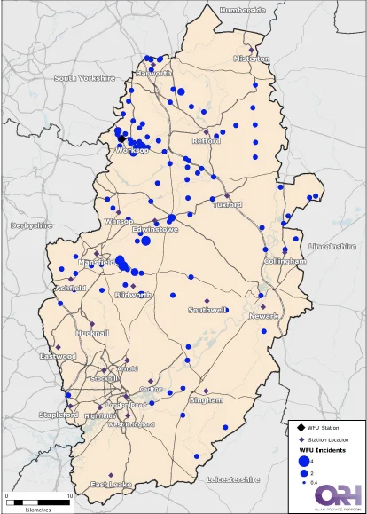 Map of Nottinghamshire showing the location of incidents involving the Water and Foam Unit