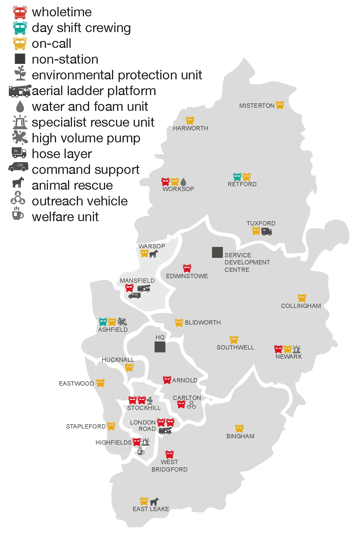 Map of Nottinghamshire showing the location of our fire stations including specialist appliances