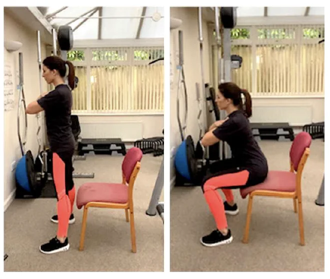 Demonstration of how to do a squat using a chair for assistance