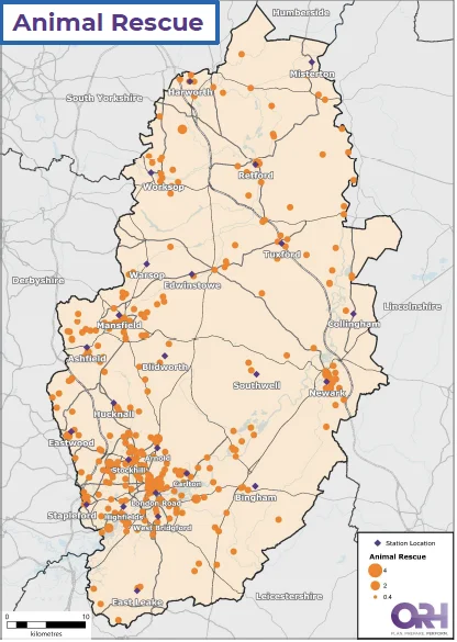 Map of Nottinghamshire showing the location of Animal Rescues