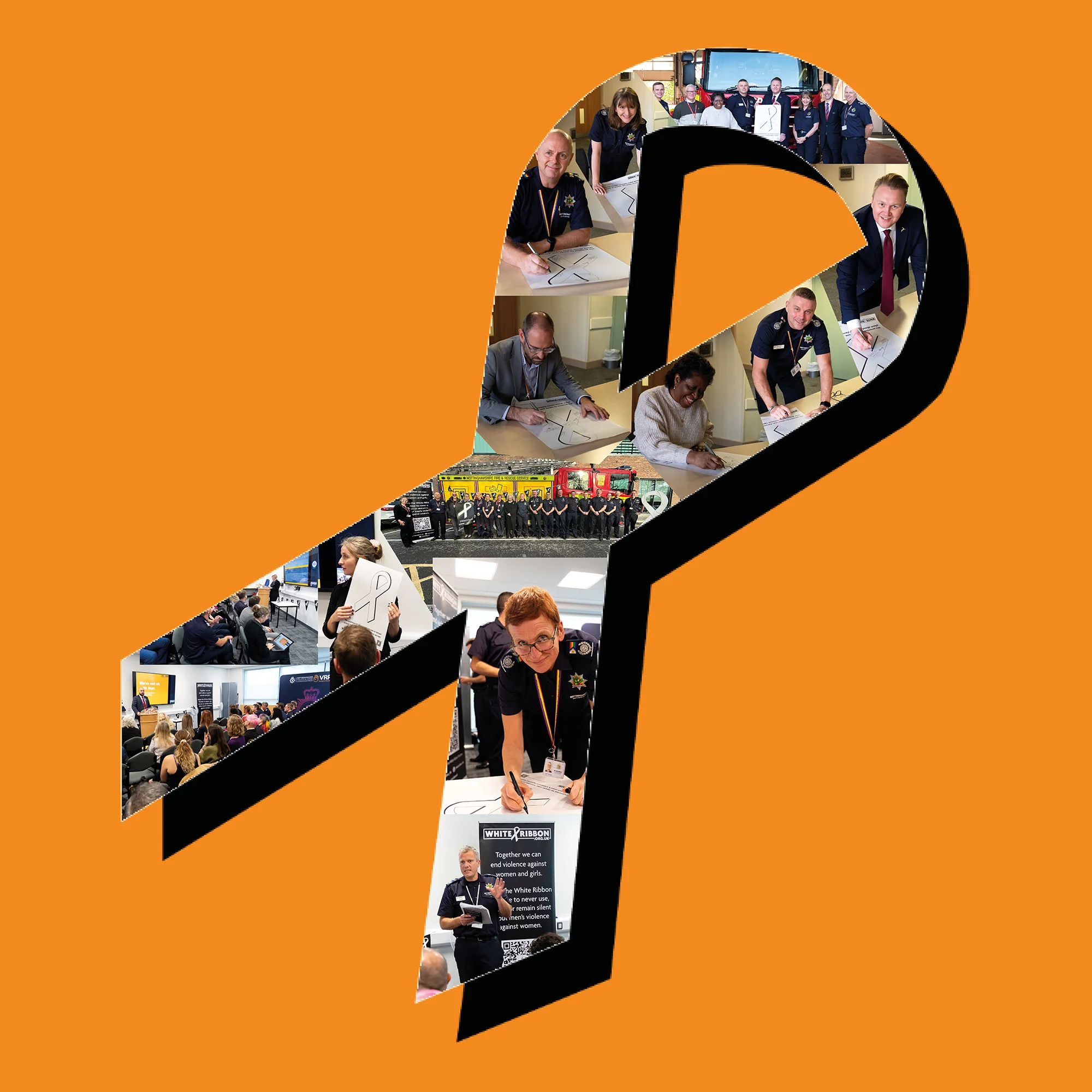 White Ribbon shape with photo collage of staff and Fire Authority members