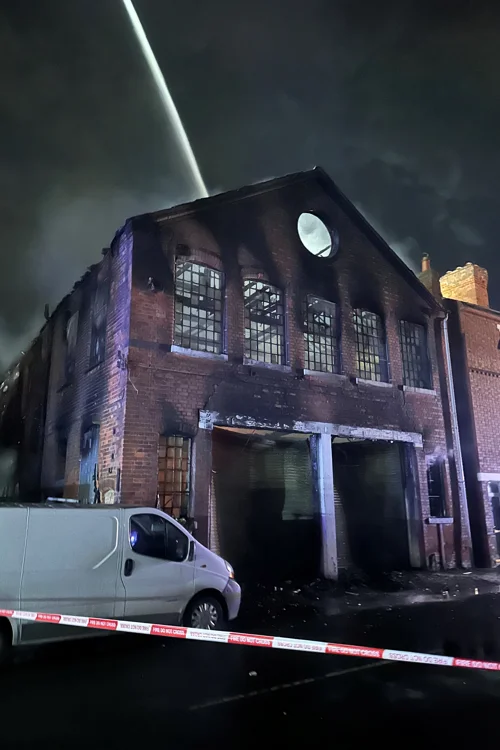 Close up photo of burned industrial unit following fire.