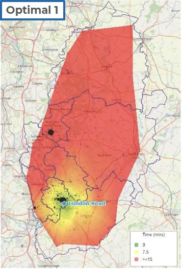 Map of Nottinghamshire showing what the historical response times would be if theres was only one Aerial Ladder Platform