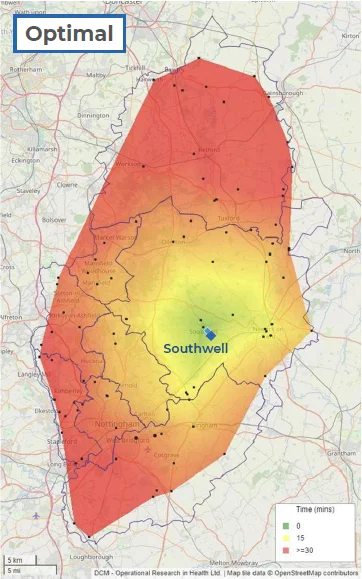 Heat map of Nottinghamshire showing the response time for large animal rescues from the optimal location of Southwell