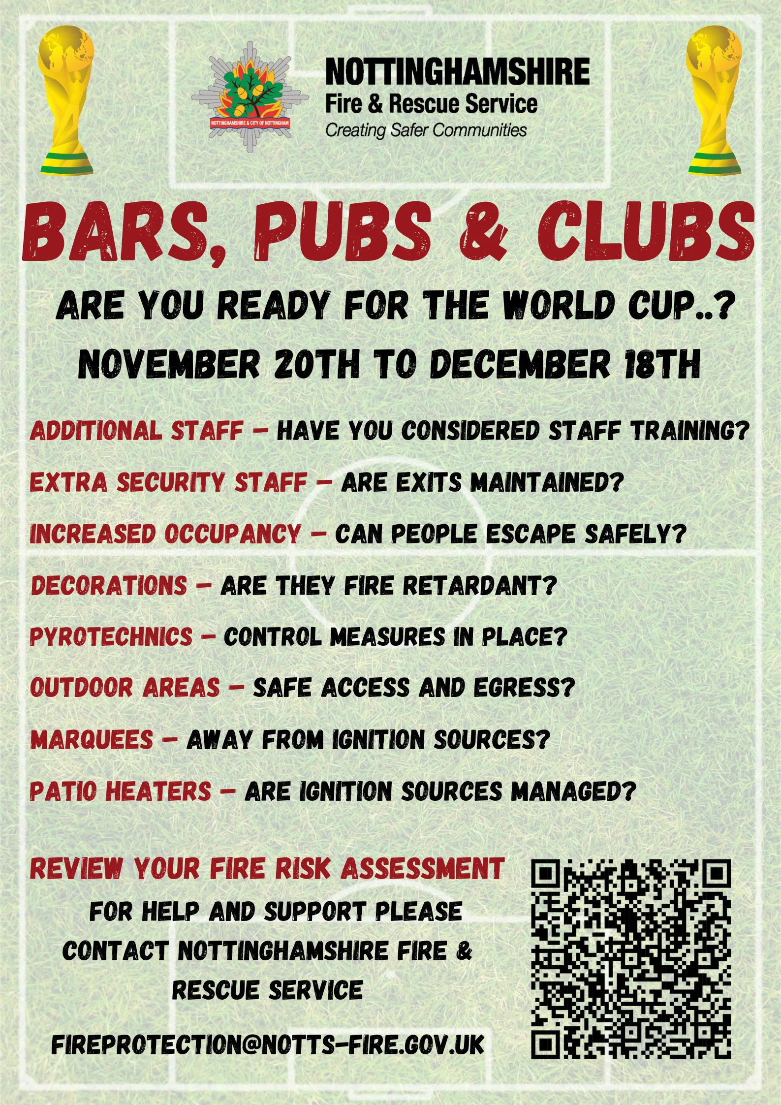 Fire Protection poster with safety advice for businesses during the FIFA World Cup 2022.