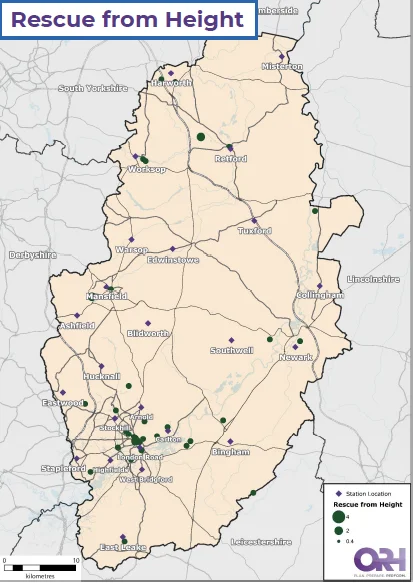 Map of Nottinghamshire showing the location of rescues from height.