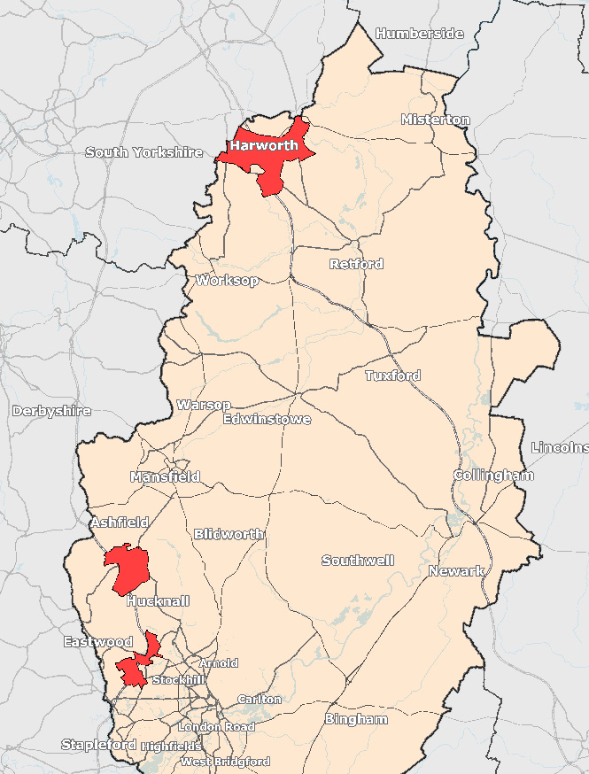 Map of Nottinghamshire showing three LSOA which are outliers with regards to vehicle fires.