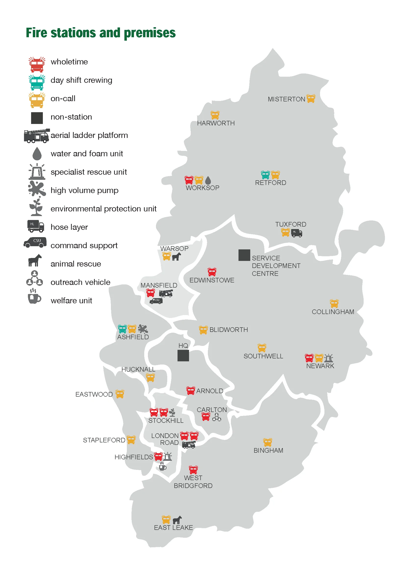Map showing the location of all the fire stations in Nottinghamshire as well as specialist appliances