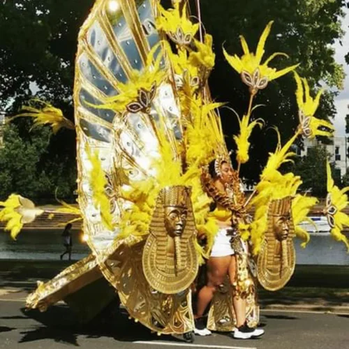 Member of Nottingham carnival parade dressed in bright yellows and golds.
